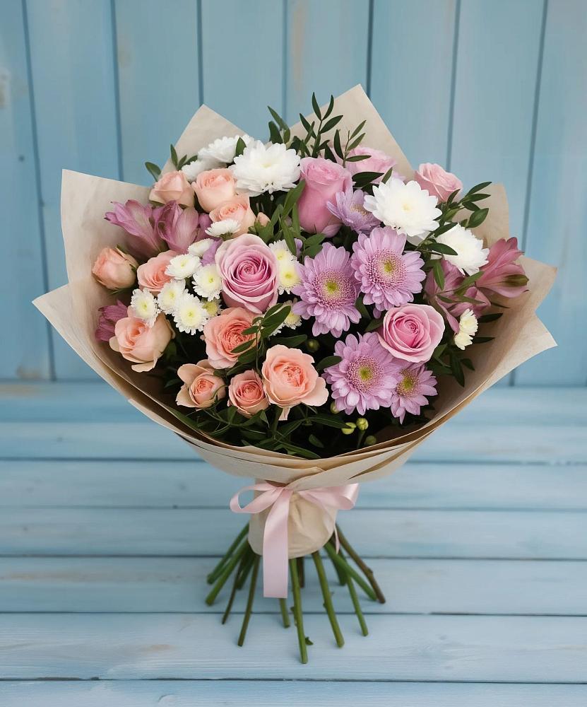 Букет цветов из: Хризантемы, Розы и Альстромерии в Шахунье