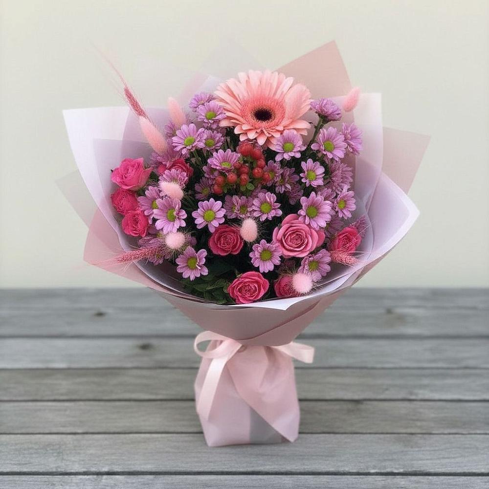 Букет цветов из: Розы, Герберы и Хризантемы в Шахунье