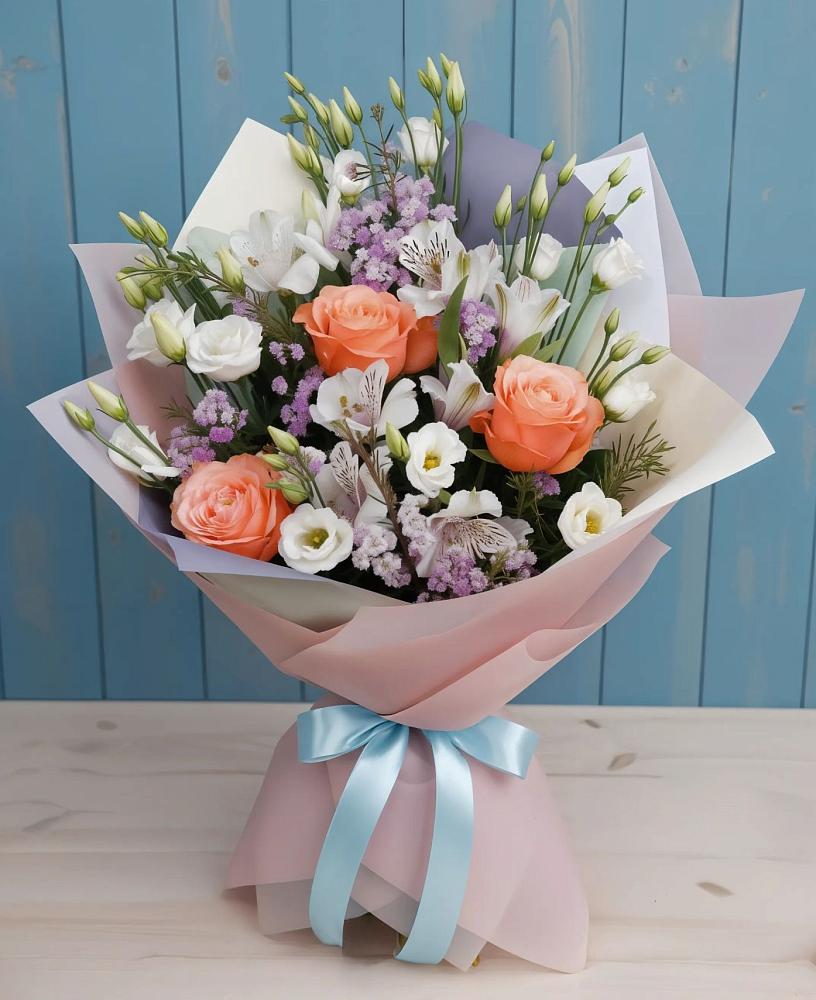 Букет цветов из: Лизиантусы, Розы, Альстромерии и Гипсофила в Шахунье