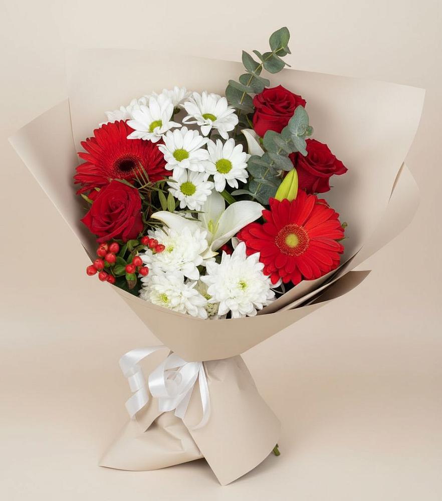 Букет цветов из: Розы, Хризантемы, Герберы и Лилии в Шахунье