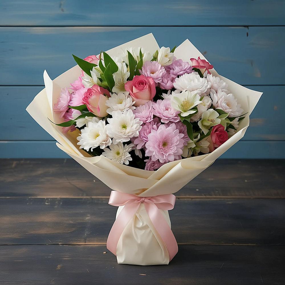 Букет цветов из: Хризантемы, Альстромерии и Розы в Шахунье